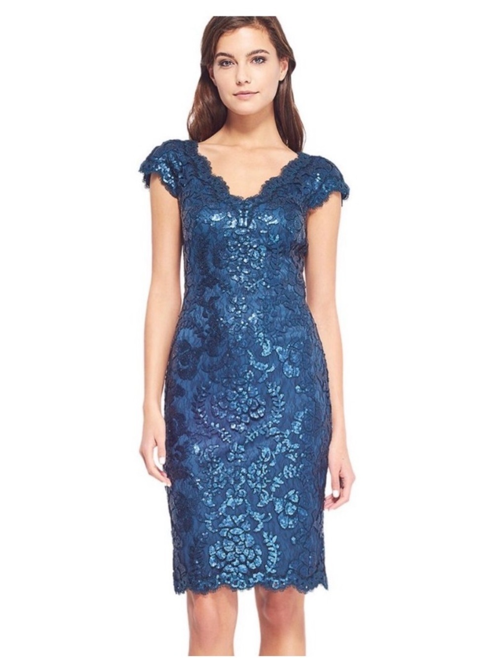 Tadashi Shoji Blue Metallic Sequin Paillette Sheath Dress V-Neck Size 8